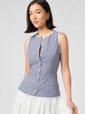 Christian Lacroix Sleeveless Blue Gingham Button-Back Top with Lace Trim